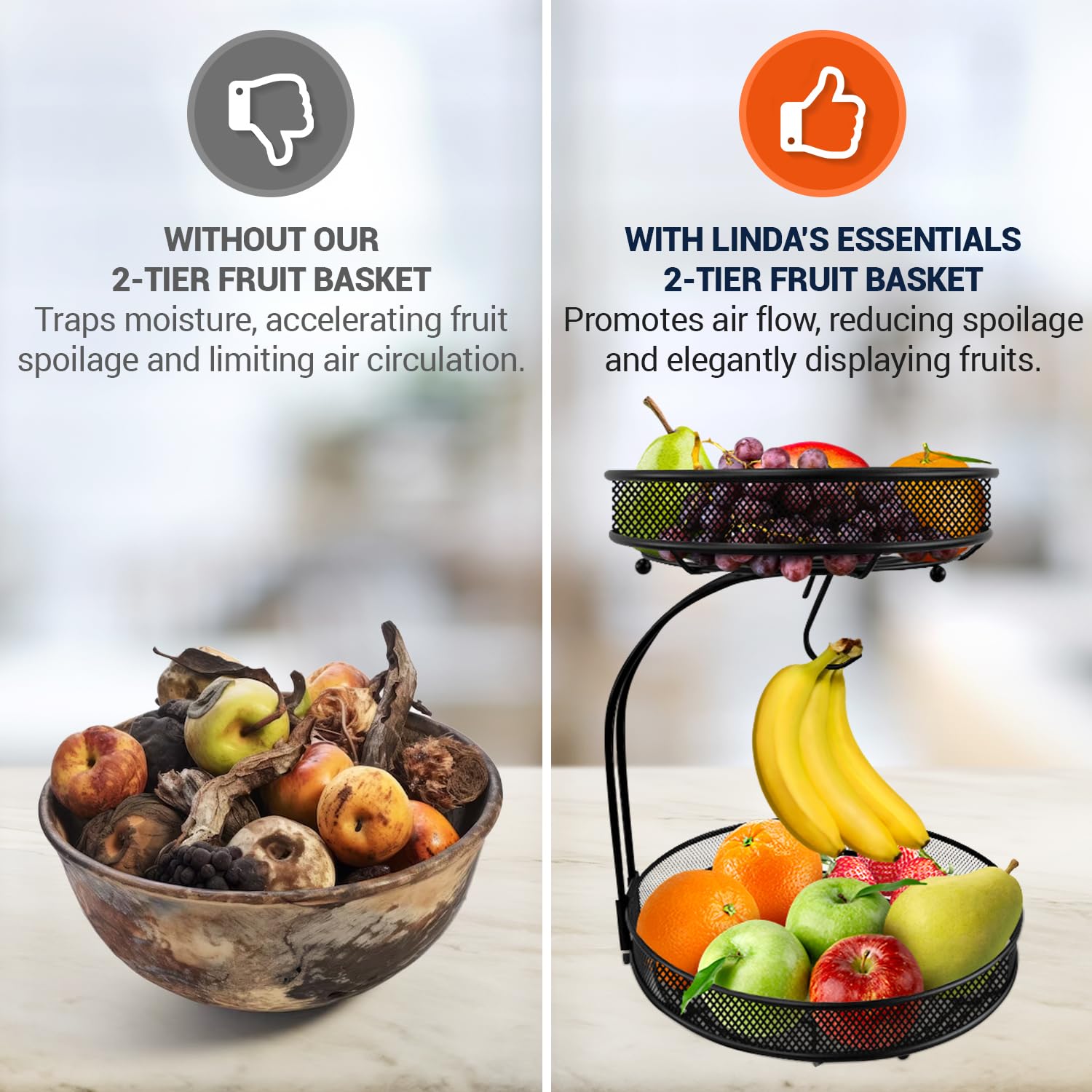 2 Tier Fruit Basket with Banana Hanger - Kitchen Counter Fruit & Vegetable Storage Bowl - Black by Linda's - Perfect for Organizing Fresh Produce in Pantry, Dining Room or Kitchen Countertop