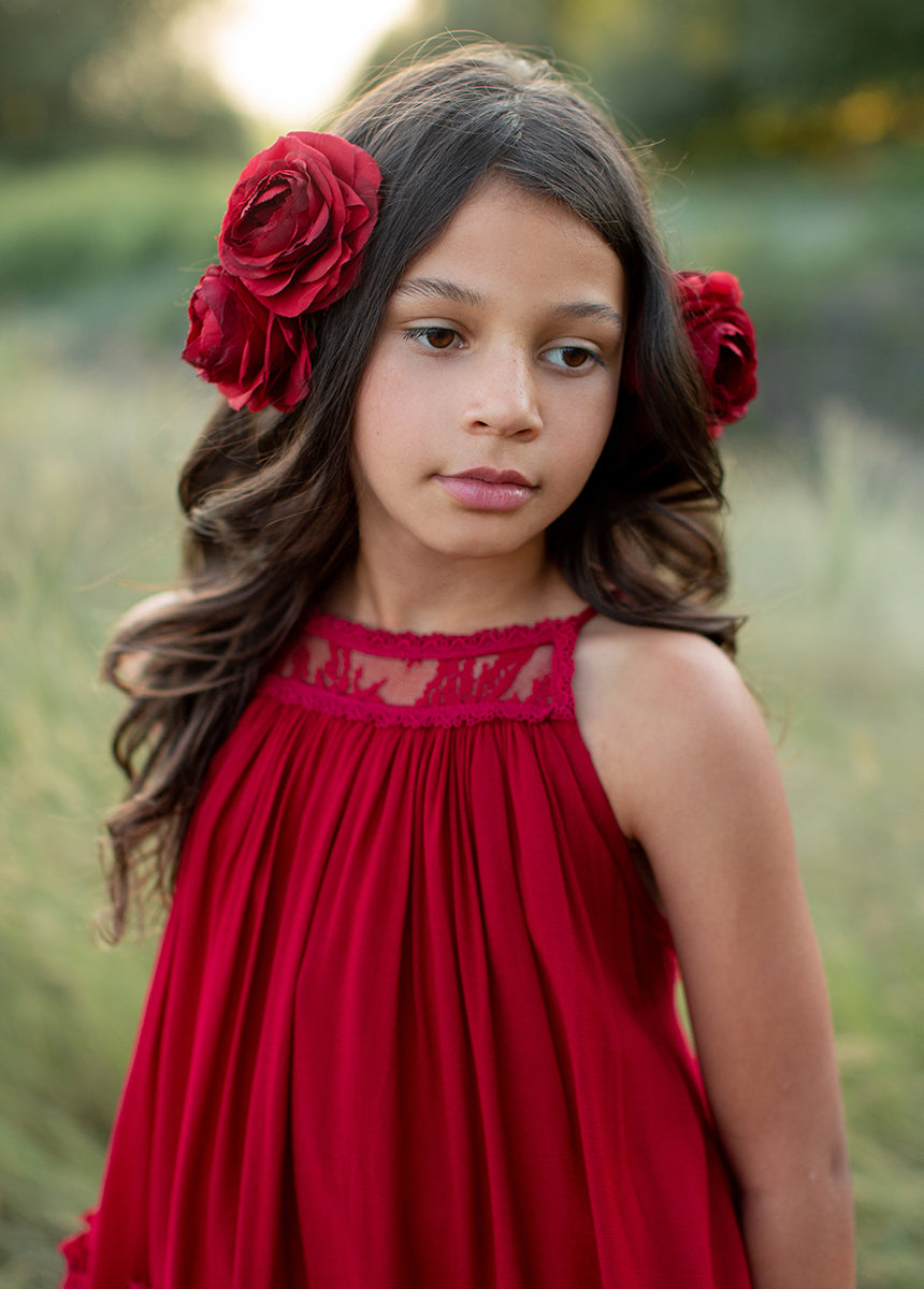 Elegant Catrina Dress in Crimson Red - Perfect for Daytime Outings, Parties, and Special Occasions