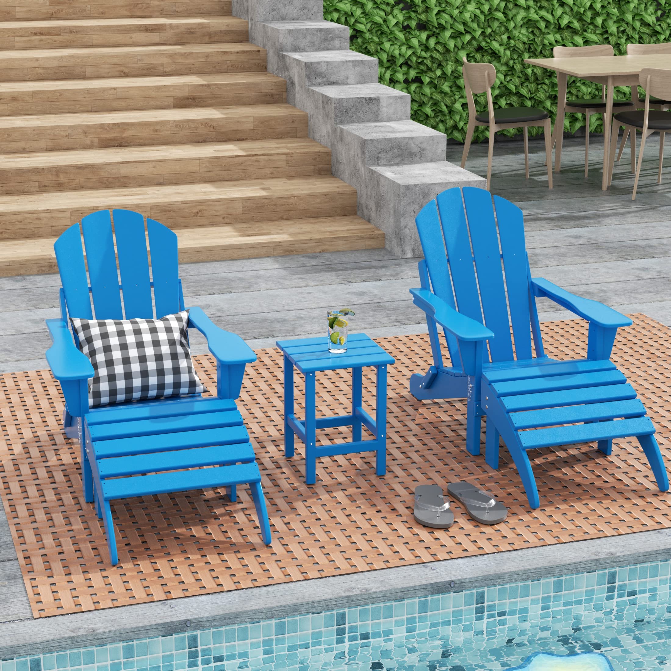 WO Home Furniture 5-Piece HDPE Adirondack Chair Set with Ottoman & Side Table - Durable Outdoor Patio Furniture for Backyard, Garden, Porch & Bonfire Gatherings (Pacific Blue) - Perfect for Relaxing, Entertaining & Outdoor Dining