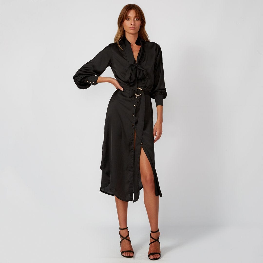 ARABELLA Black Lantern Sleeve Midi Shirt Dress for Women | Elegant Office Wear & Casual Outfit | Perfect for Work, Date Night and Spring Fashion