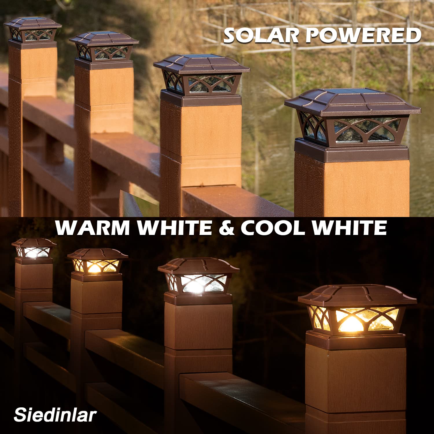 SIEDiNLAR Solar Post Cap Lights Outdoor - 8 LED Glass Lights with Warm White & Cool White Modes for 4x4 5x5 6x6 Wooden Posts - Waterproof Deck Fence Patio Lighting (4 Pack) - Perfect for Garden Pathway, Backyard, Porch and Landscape Decoration
