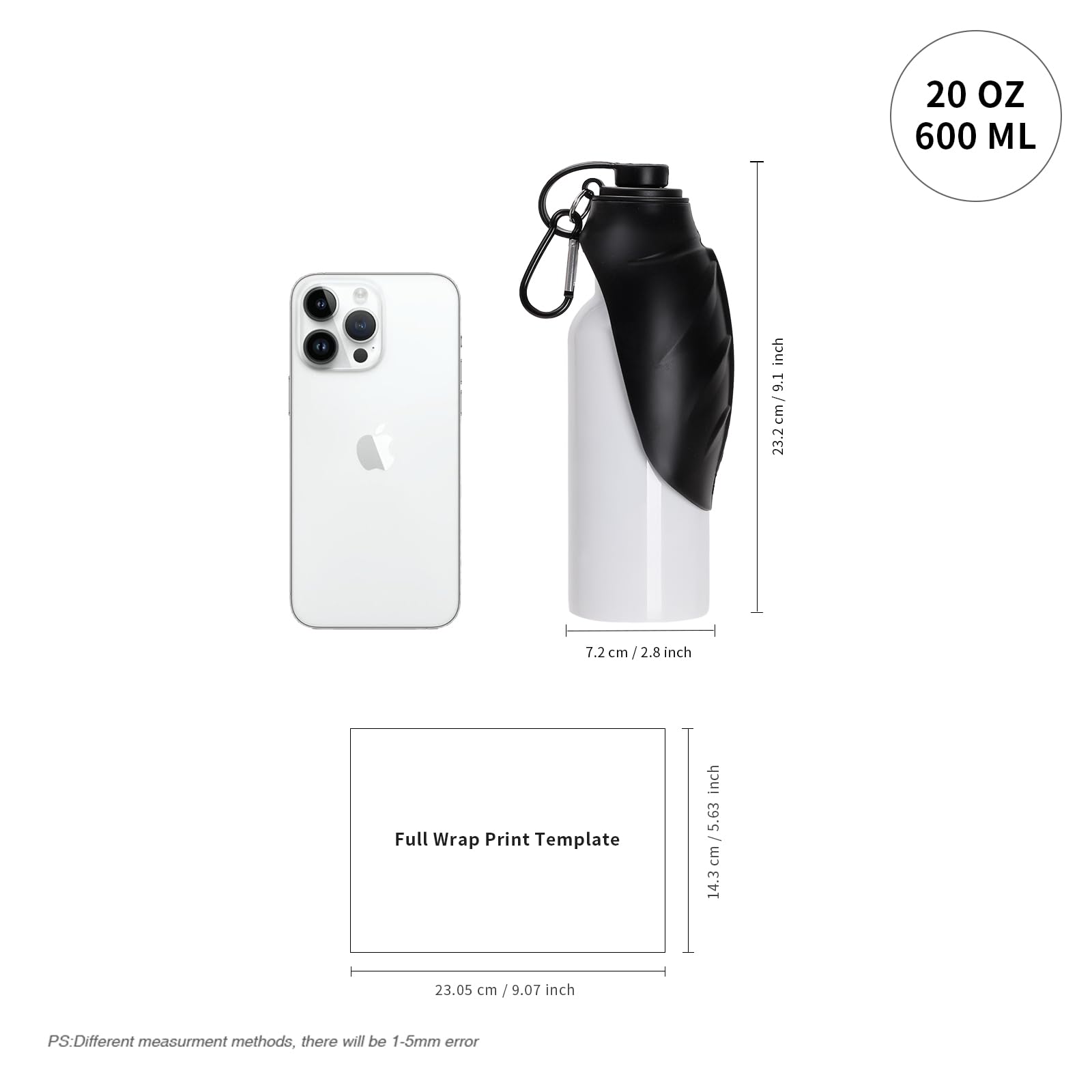 PYD Life 20oz Sublimation Stainless Steel Water Bottle for Dogs & Pets - White with Black Silicone Lid & Carabiner - Single Wall Tumbler for Heat Press & Sublimation Oven Printing - Perfect for Pet Lovers, Outdoor Activities & Custom Gifts