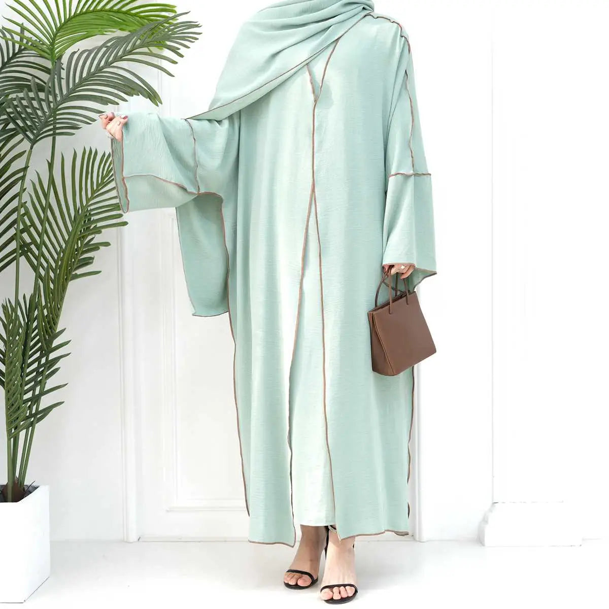 2-Piece Heavy Wrinkle Fabric Open Abaya Dress Set for Women - Modest Muslim Prayer Dress with Long Sleeves - Perfect for Eid, Ramadan & Special Occasions