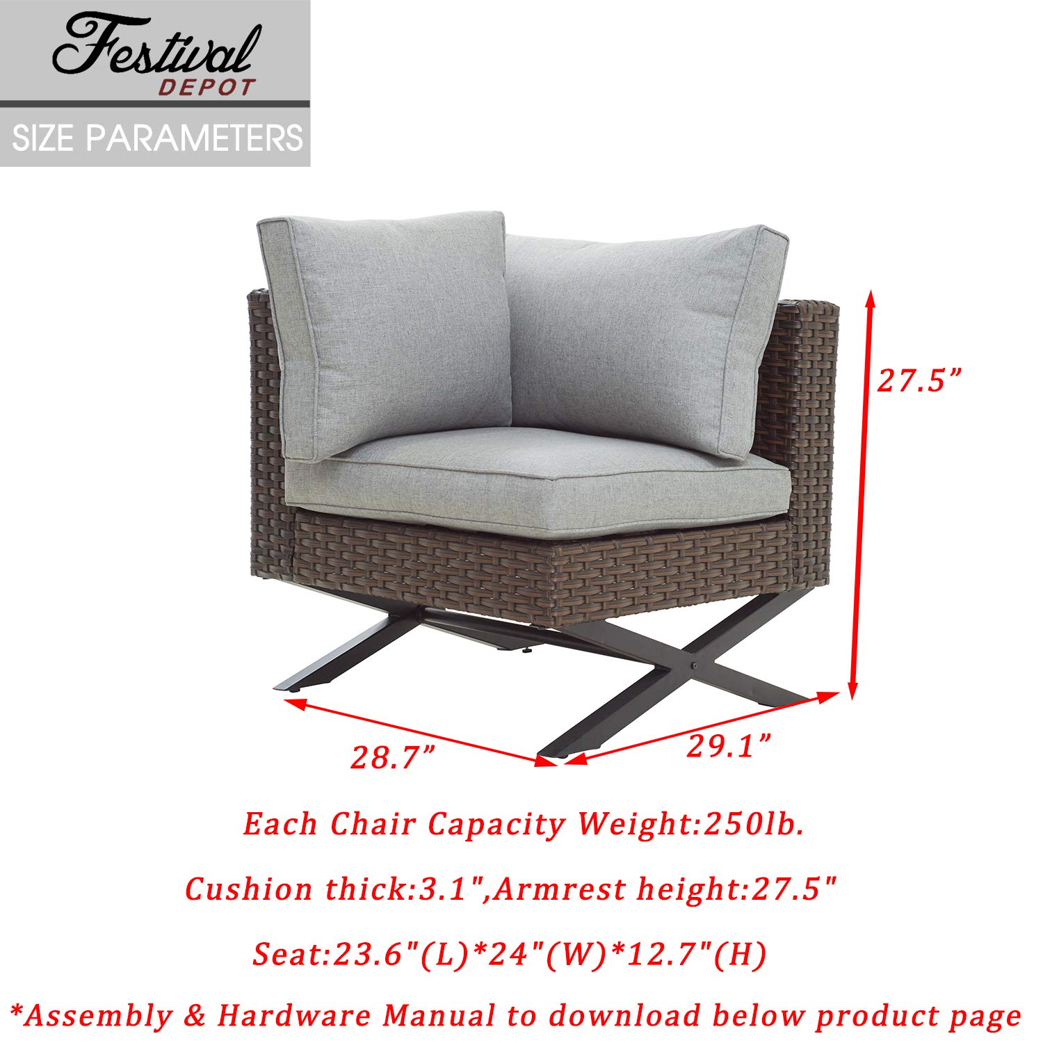 Festival Depot Wicker Patio Chair with Right Armrest - Rattan Dining Chair with Thick Cushions & X-Shaped Steel Legs - All-Weather Outdoor Furniture for Garden, Yard, Poolside - Perfect for Relaxing, Dining, and Entertaining Outdoors