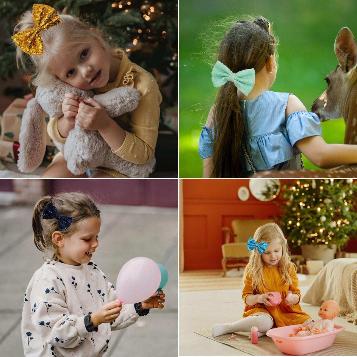 Sparkly Glitter Sequins Hair Bows Clips for Girls - 10pcs 4-inch Big Alligator Hair Clips for Baby, Kids & Children - Perfect for Parties, School, Holidays & Special Occasions