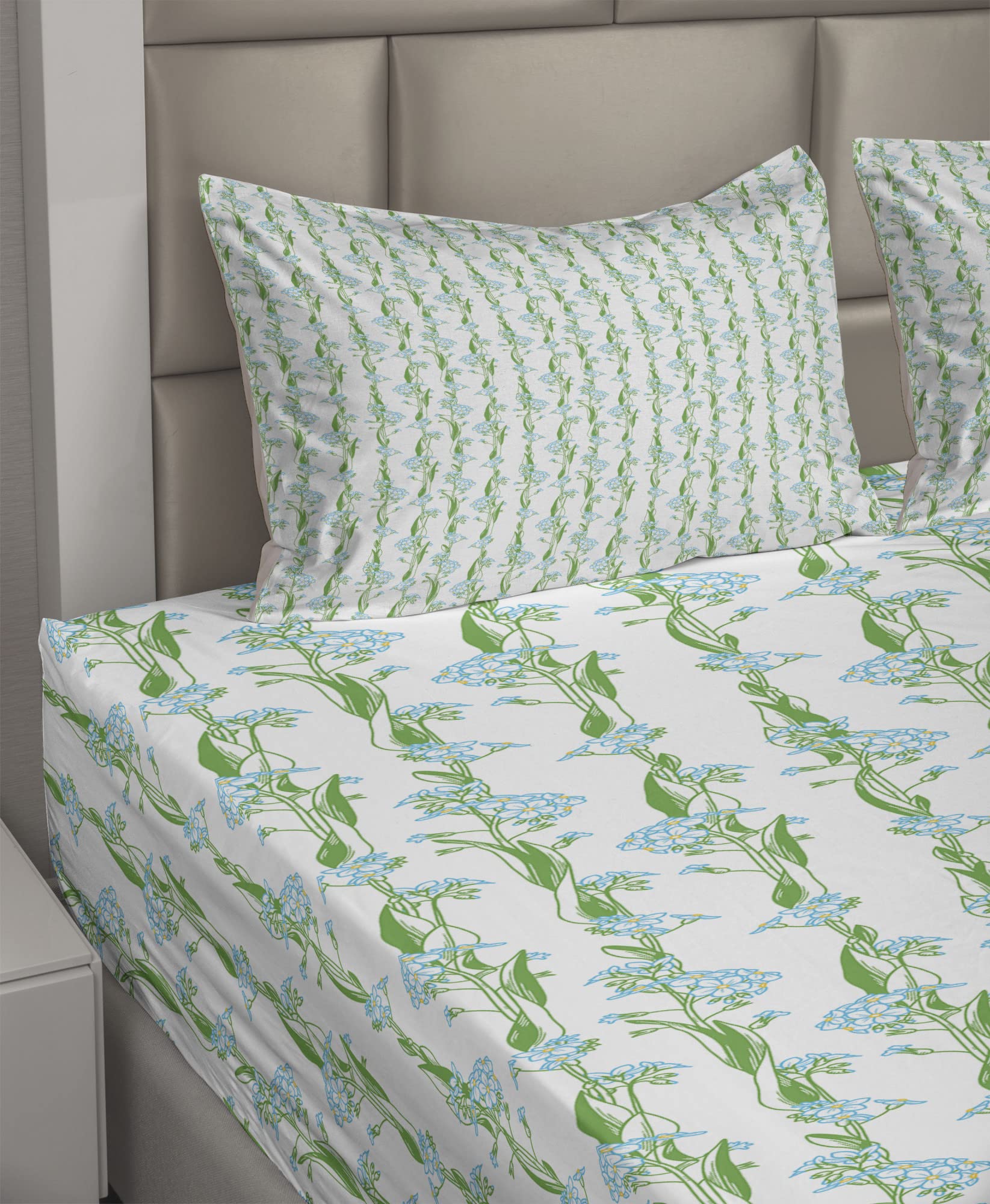 Ambesonne Floral King Size 4-Piece Sheet Set - Vertical Flower Strips with Intertwined Leaves, Fern Green & Sky Blue - Fitted Sheet, Flat Sheet & 2 Pillowcases - Soft Bedding for Master Bedroom, Guest Room & Vacation Homes