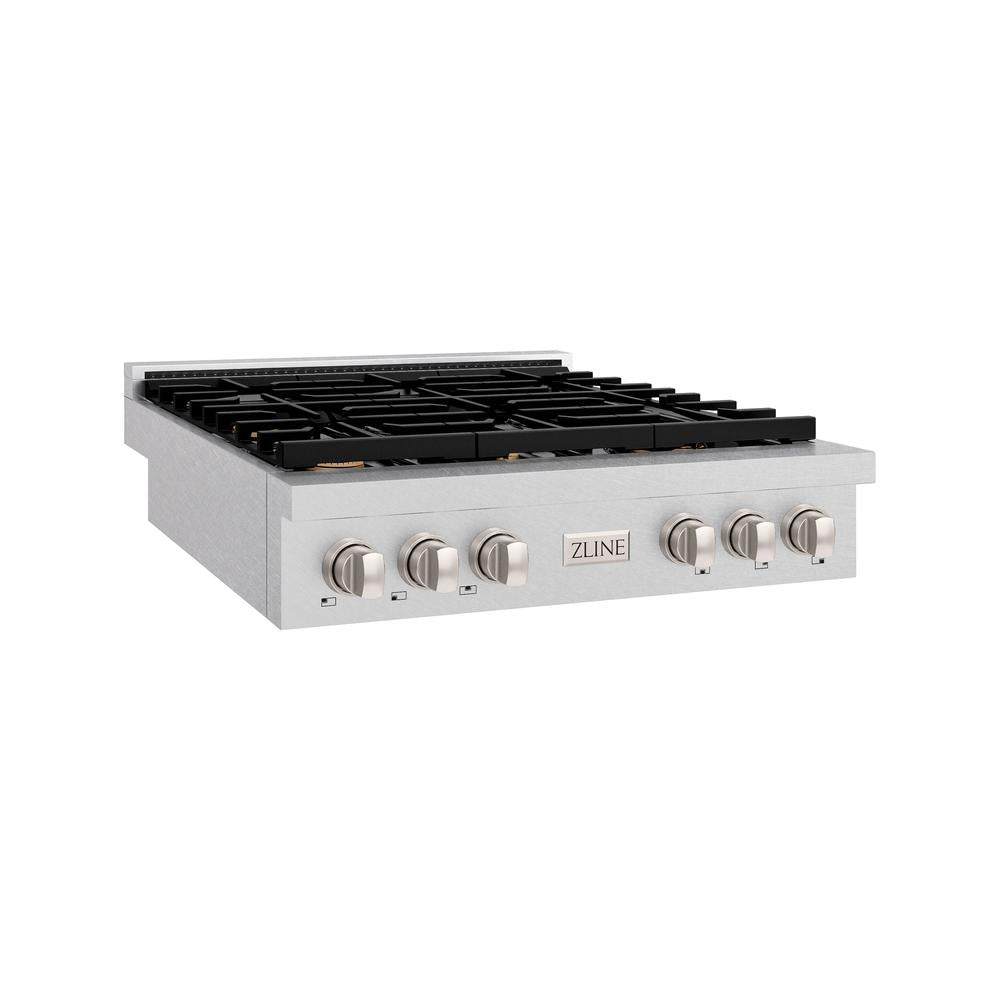 ZLINE 36 Inch Paramount Gas Rangetop with 6 Brass Burners & Porcelain Cooktop in Satin Stainless Steel (SRTS BR 36) – Perfect for Professional Home Kitchens & Gourmet Cooking