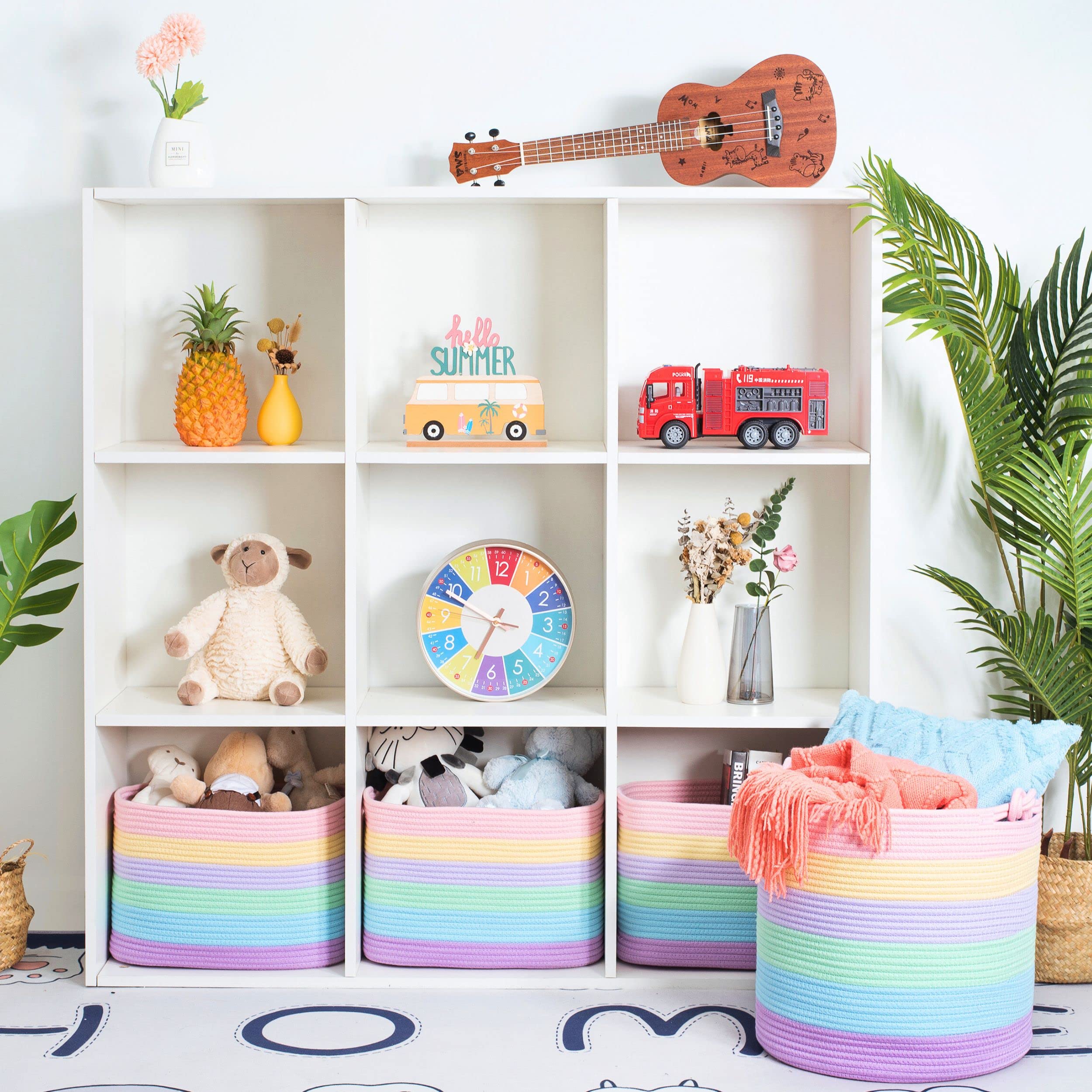 MINTWOOD 15 x 14.2 Inch Woven Cotton Rope Storage Basket - Pastel Rainbow Toy Organizer, Laundry Hamper, Nursery Decor, Pet Toy Bin, Blanket Holder - Perfect for Kids Room, Bathroom & Home Organization
