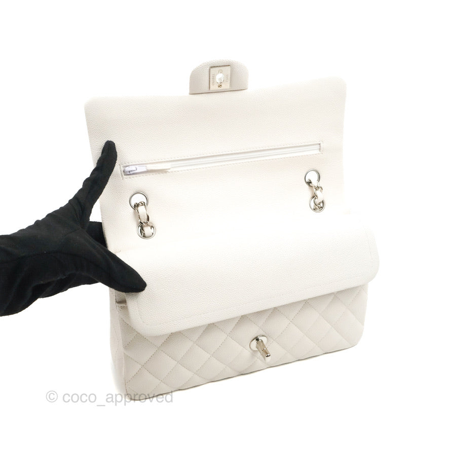 Chanel Classic Medium Double Flap Bag in White Caviar Leather with Silver Hardware - Luxury Handbag for Women, Perfect for Work, Parties & Everyday Use