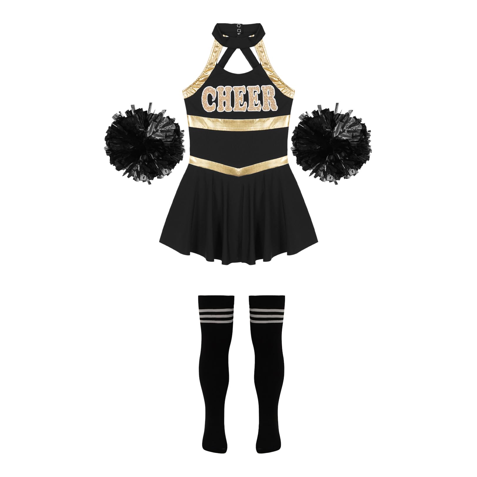JEATHA Girls Halter Neck Dance Dress with Flower Ball Socks - Kids Dance Competition Costume for Ballet, Jazz & Performance - Perfect for Recitals, Shows & Special Occasions