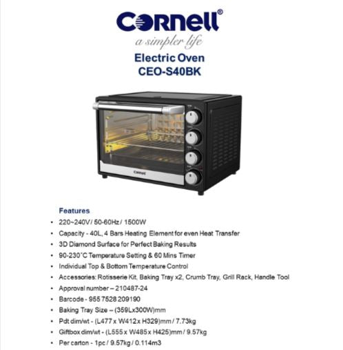 Cornell 40L Electric Oven with Precise Individual Temperature Control - CEOS40BK - Perfect for Baking, Roasting & Cooking at Home