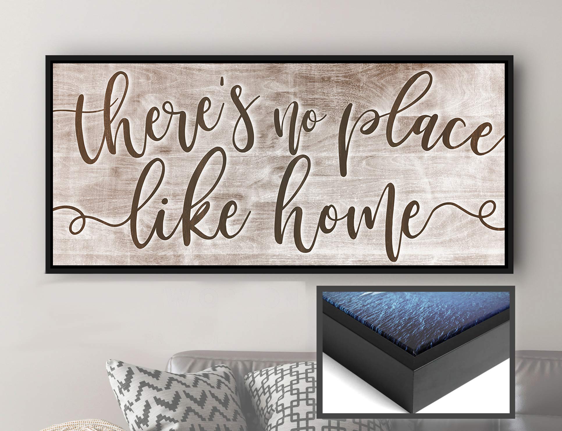 Artistic Home Wall Decor - 'There's No Place Like Home' Rustic Wood Sign with Floating Frame (60x27 Inch, Inverted Brown/Black) - Perfect for Living Room, Housewarming Gifts & Farmhouse Style Interior Design