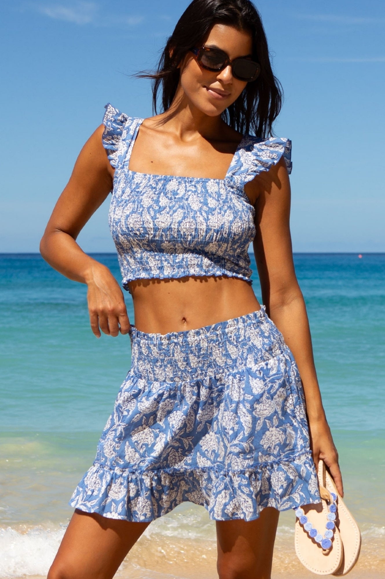Emani Organic Cotton Skirt for Women - Floral Print Maxi Skirt in Dianthus Blue & White | Boho Summer Dress, Beach Cover Up, Casual Outfit