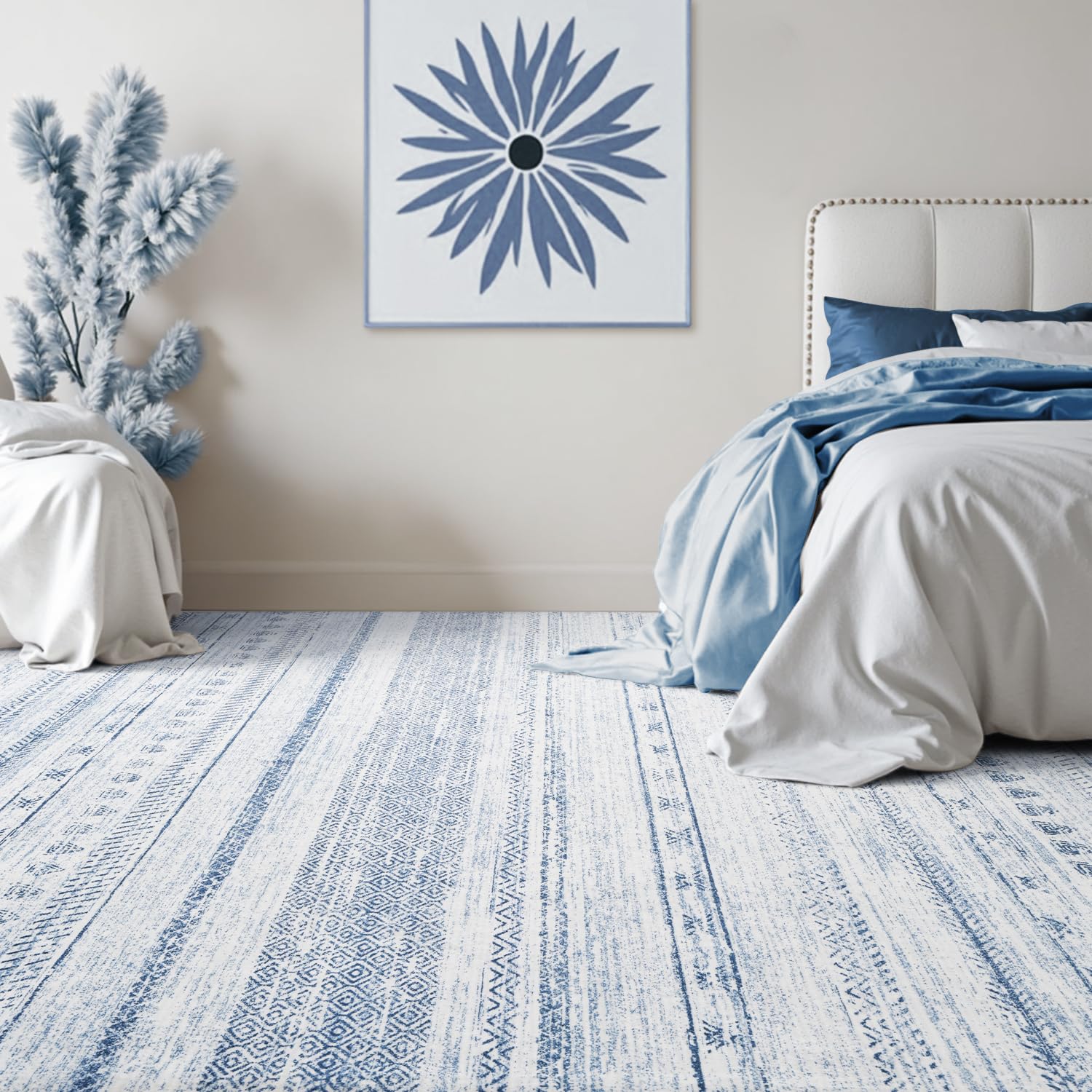 Boho Area Rug 5x7 - Distressed Moroccan Style Machine Washable Carpet - Neutral Blue Modern Rug for Living Room, Bedroom & Dining Room - Perfect for Bohemian Decor, Cozy Home & Apartment Style