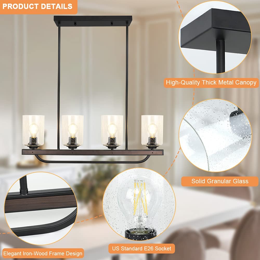 Depuley 4-Light Adjustable Kitchen Island Pendant Light Fixture - Rustic Metal & Wood Chandelier with Glass Shade for Dining Room, Bar, Farmhouse Decor