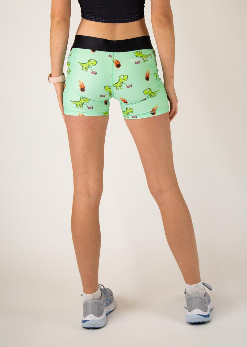 Women's High Waist Dinosaur Print 3-Pack Compression Shorts - Workout, Running, Yoga & Gym Activewear