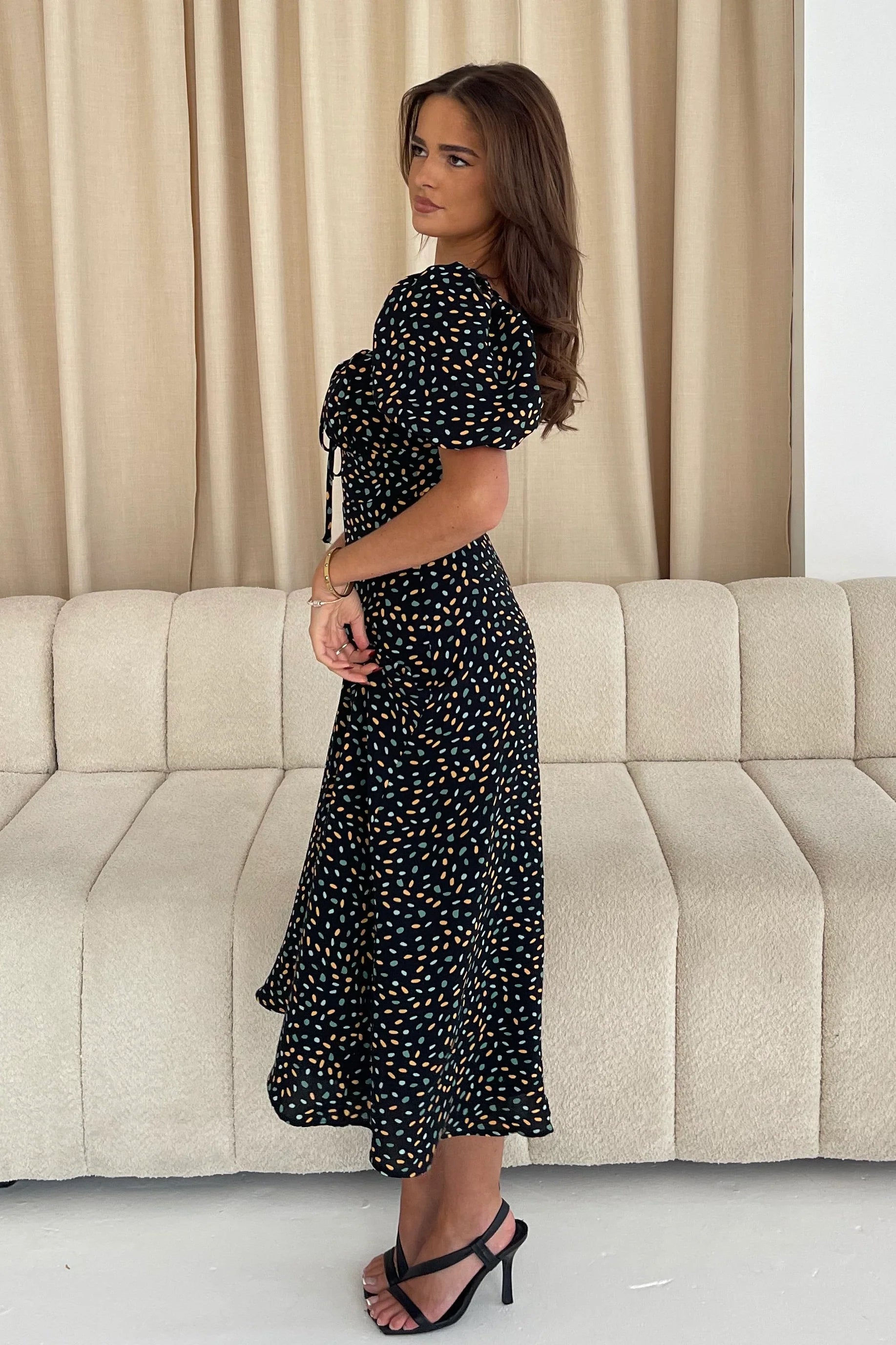 Jemima Square Neck Midi Dress for Women - Floral Print Summer Dress (Black/Multi Color) - Perfect for Beach Vacation, Date Night & Office Wear