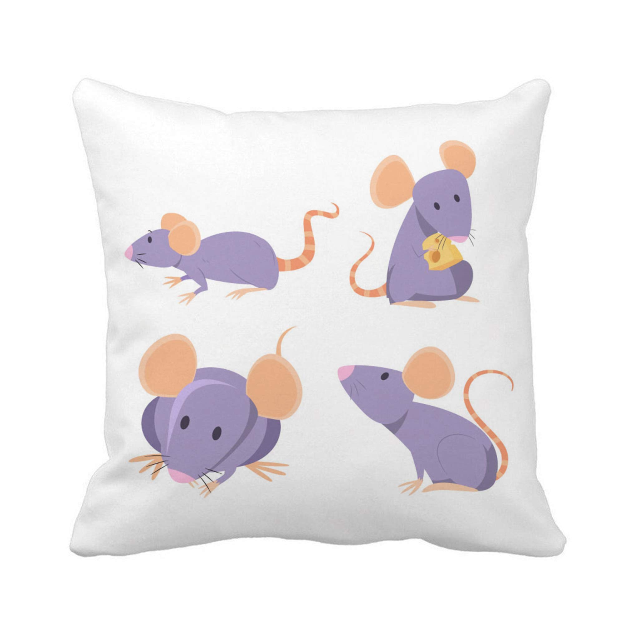 Cute Cartoon Mouse Eating Cheese Throw Pillow Cover 18x18 Inch - Square Decorative Pillowcase for Sofa, Bed, Couch & Home Decor