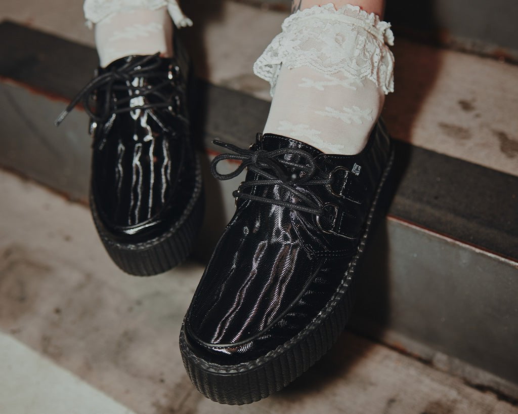 Black Wavy Patent Leather Viva Mondo Creeper Shoes - Stylish & Comfortable Platform Sneakers for Women, Perfect for Casual Outfits, Streetwear & Night Out