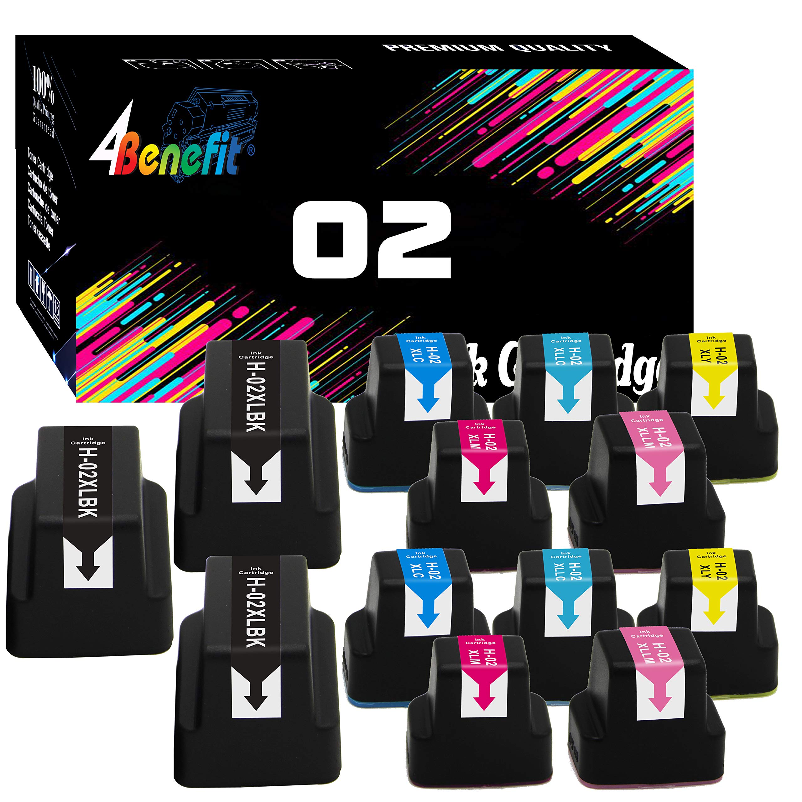 13-Pack 4Benefit HP 02 Ink Cartridge Combo (3 Black, 2 Cyan, 2 Yellow, 2 Magenta, 2 Light Cyan, 2 Light Magenta) - Compatible with HP D7160 D7200 D7260 D7360 Inkjet Printers - Perfect for Home Office Printing, School Projects & Small Business Documents