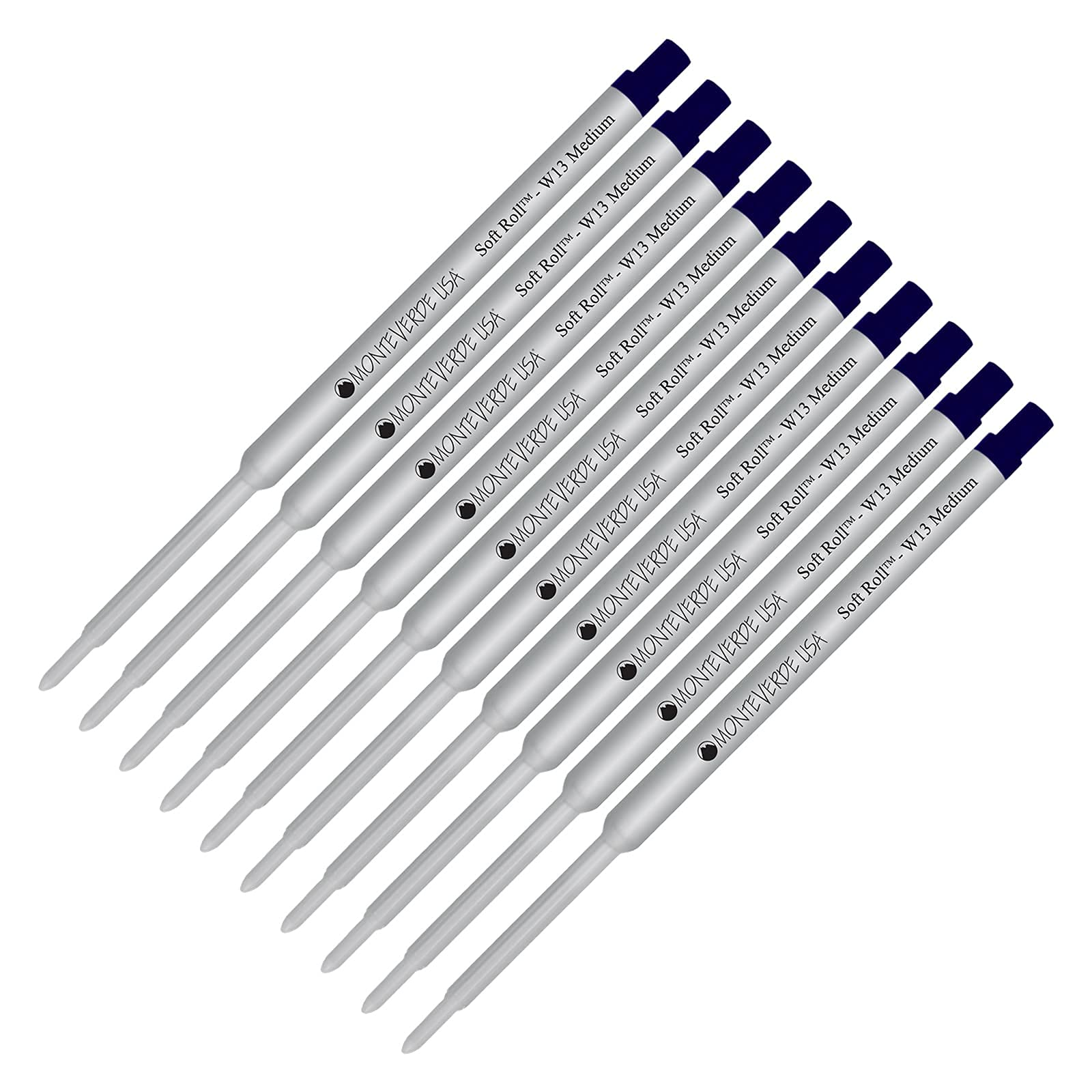 Monteverde Soft Roll Ballpoint Ink Refills 10-Pack - W13 Paste Ink Compatible with Waterman Style Pens - Blue Black Medium Tip 0.7mm - Perfect for Office, School & Everyday Writing Needs