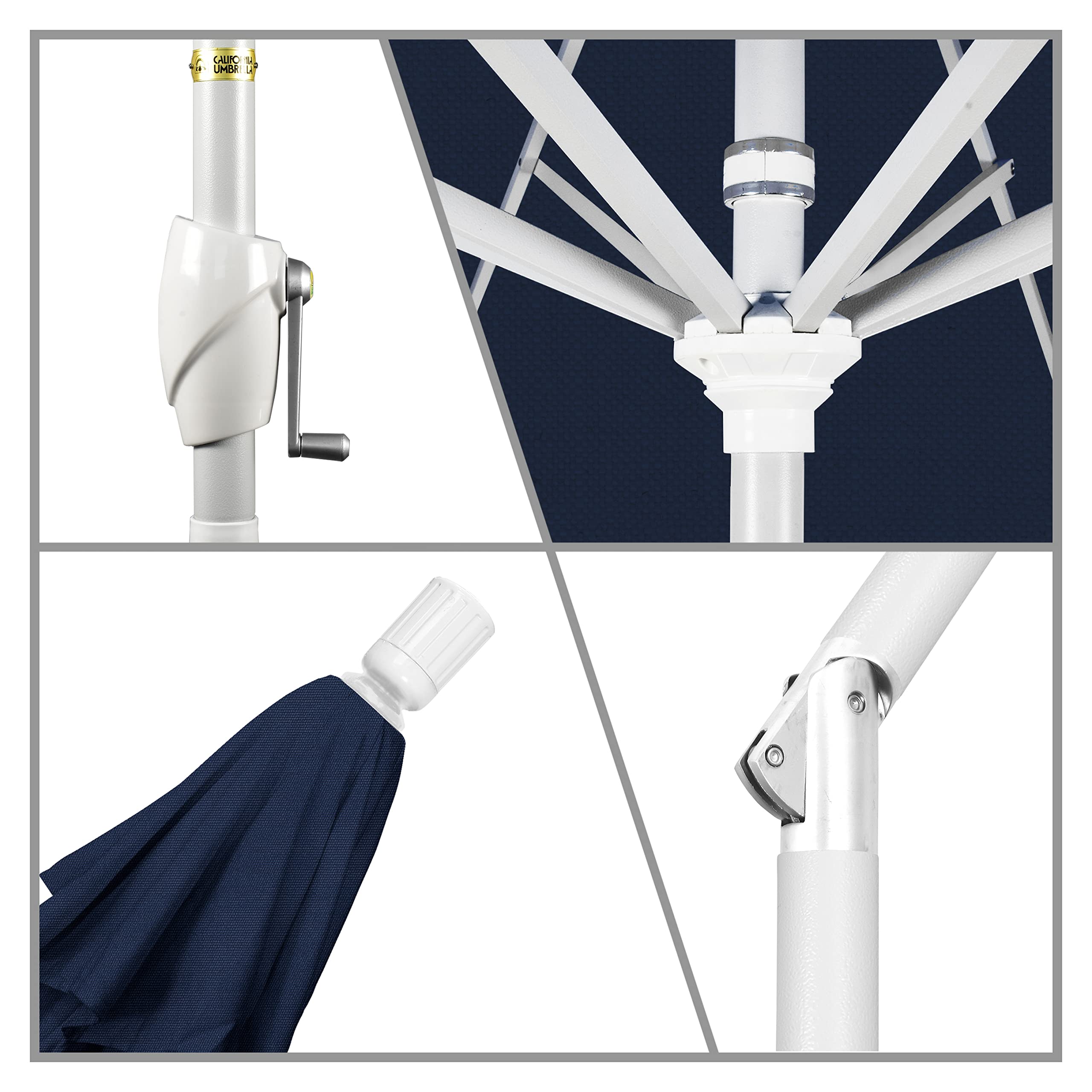 7.5' Round Aluminum Market Umbrella with Crank Lift & Push Button Tilt - White Pole & Navy Blue Olefin Canopy - Perfect for Patio, Garden, Poolside, and Outdoor Dining Areas