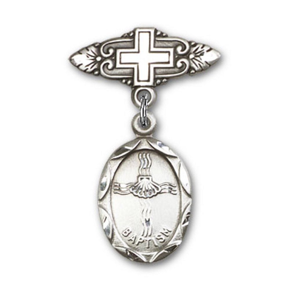 Bonyak Jewelry Saint Medal Collection - Sterling Silver Baptism Charm Badge with Cross Pin (1 1/8 X 3/4 inches) - Perfect for Christening Gifts, First Communion & Religious Ceremonies