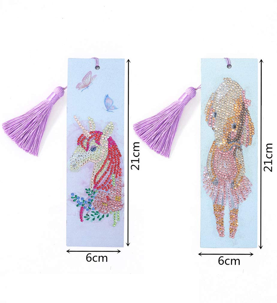 5D Diamond Painting Bookmarks Kit - DIY Rhinestone Mosaic Bookmark with Leather Tassel for Adults & Kids (Horse & Elephant Design) - Perfect for Reading, Gifts, and Craft Projects