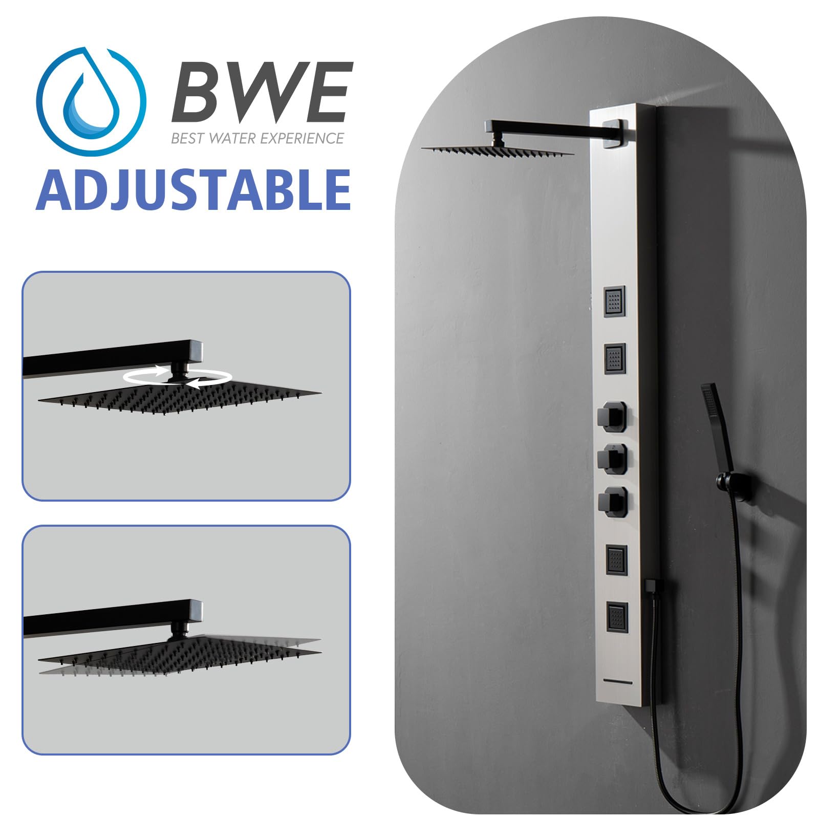 BWE 304 Stainless Steel Shower Panel Tower System with Adjustable Rainfall Shower Head, 4 Body Massage Jets & Handheld Shower - Brushed Finish for Luxury Bathroom Spa Experience