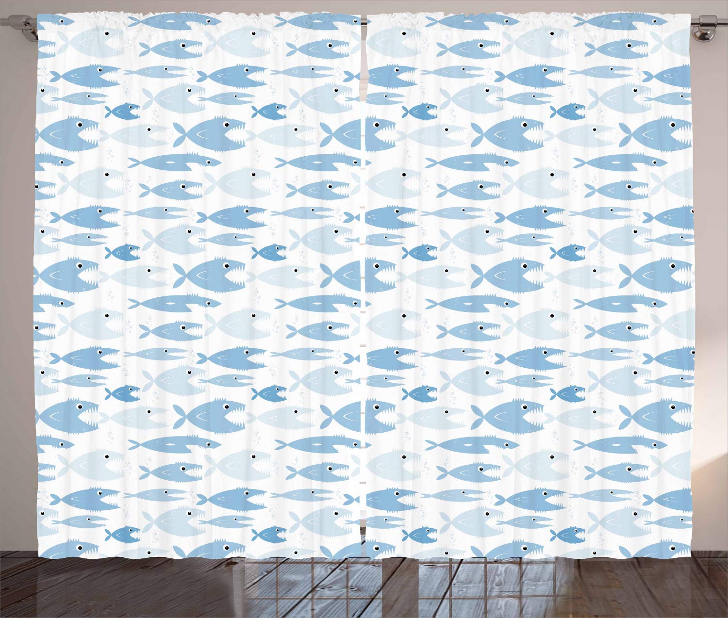 Ambesonne Fish Curtains - Piranha Cartoon Design with Aquatic Fauna | 2 Panel Window Drapes 108x84 Inches in Pale Blue | Perfect for Living Room & Bedroom Decor | Shark-Themed Kids Room & Ocean-Themed Bathroom Decor