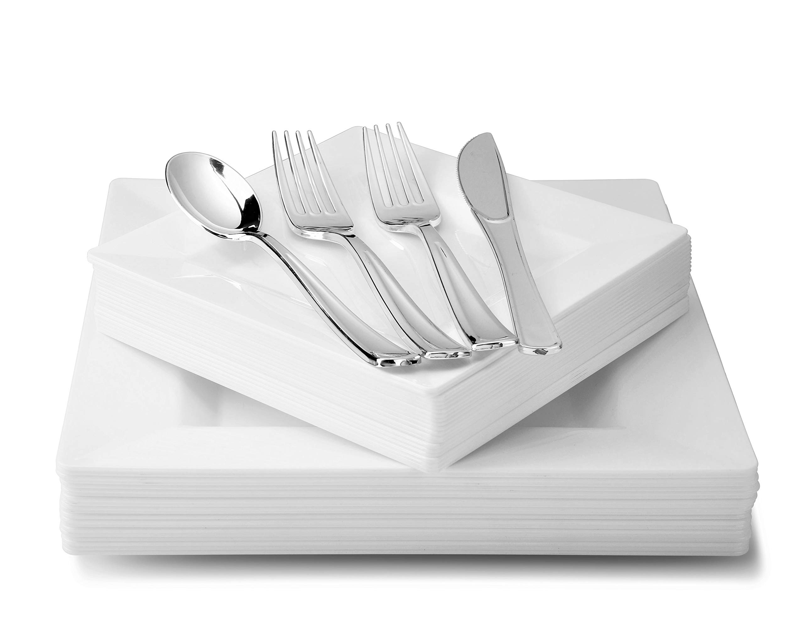 960-Piece Heavyweight Disposable Plastic Wedding Party Plate Set - 120 x 9.5'' Dinner Plates, 120 x 6.5'' Dessert Plates, Silver Silverware, Clear Cups & 3-Ply Napkins (Square White) - Perfect for Weddings, Bridal Showers, Banquets & Large Gatherings
