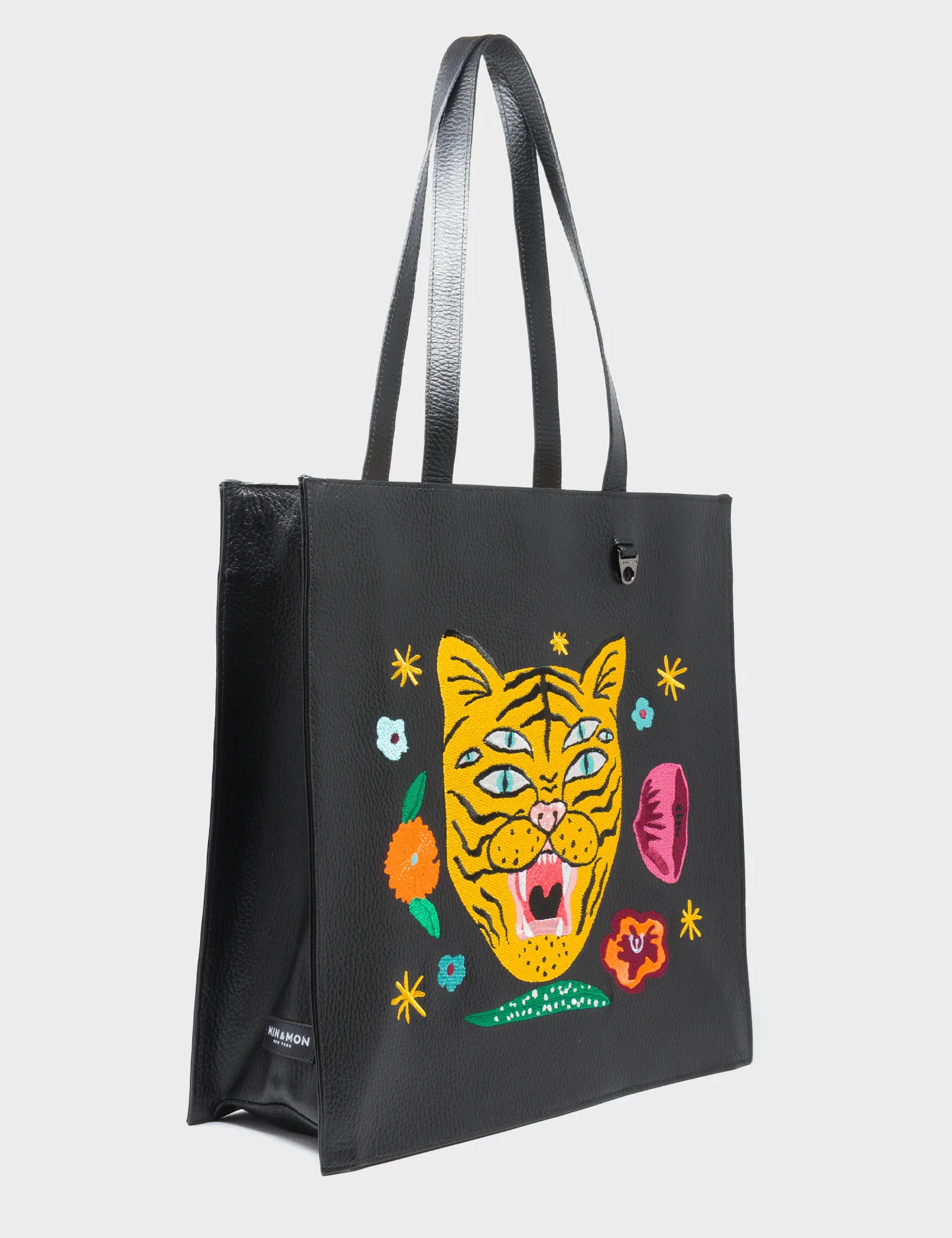 Stylish Black Leather Tote Bag with Tiger & Floral Embroidery - Perfect for Work, Travel & Everyday Use