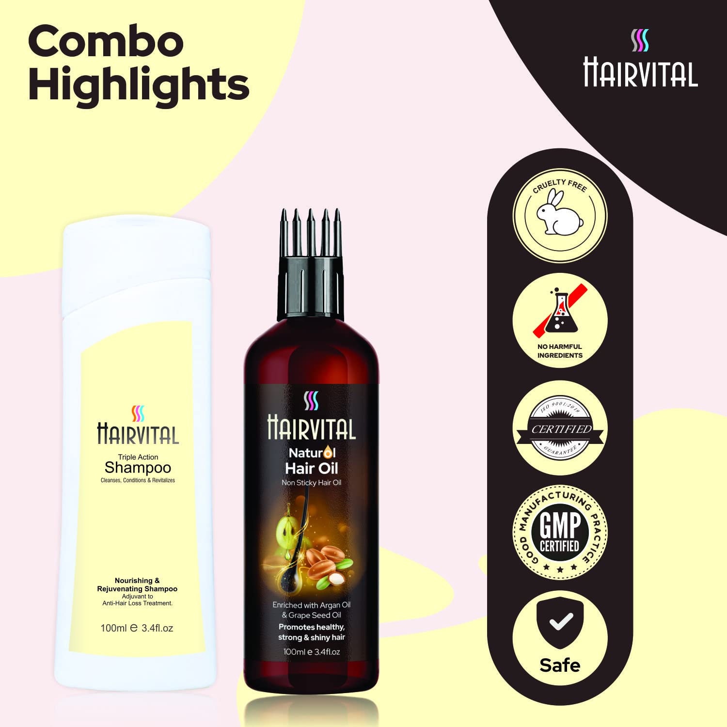 Hairvital Revitalizer Shampoo & Hair Oil Set (200ml) - Natural Hair Care with Aloe Vera, Jojoba Oil, Argan Oil & Grape Seed Oil - Repair Damaged Hair, Add Shine for Dry Frizzy Hair - Perfect for Daily Hydration & Salon-Like Treatment at Home