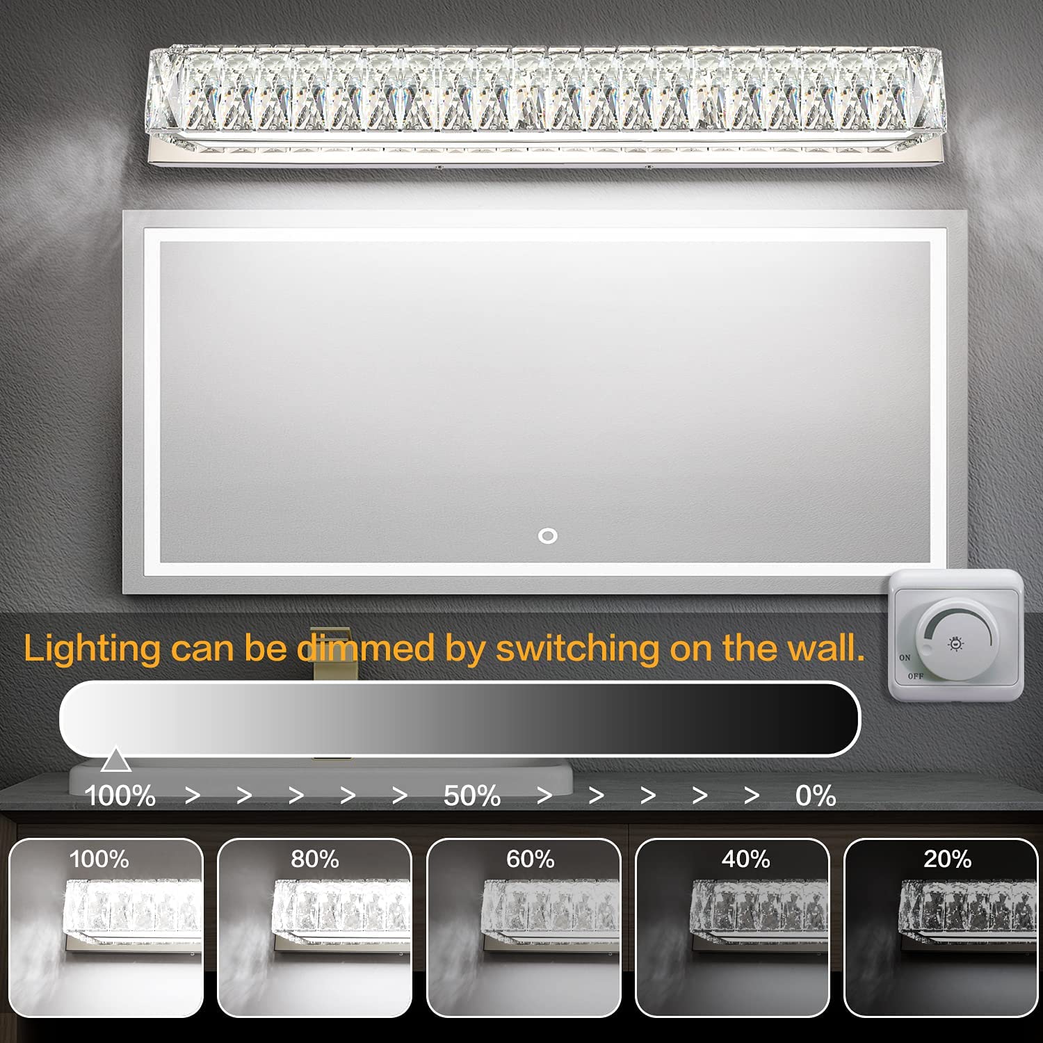 ZUZITO Modern Crystal LED Vanity Light Fixtures - Bathroom Mirror Lights with Adjustable Brightness for Makeup, Shaving & Grooming