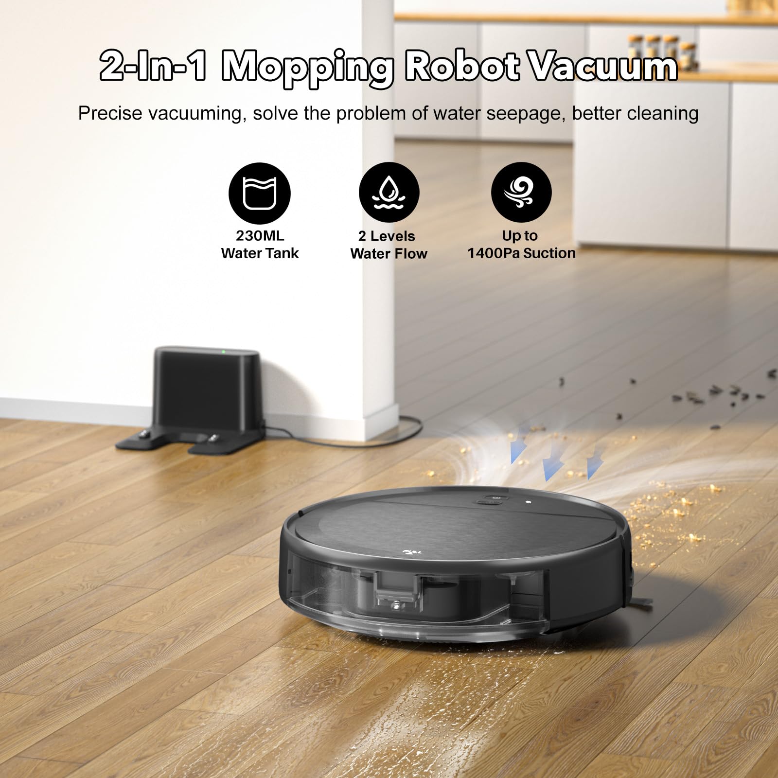 Smart Robot Vacuum and Mop Combo 2-in-1 with 2000Pa Strong Suction, WiFi/APP/Alexa/Google Home Control, Self-Charging, Tangle-Free for Pet Hair - Perfect for Hardwood Floors & Low Pile Carpets Cleaning