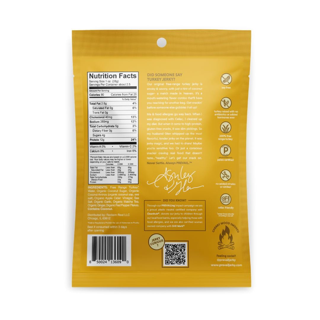 Premium Free-Range Turkey Jerky by PREVAIL - Low Sodium, Gluten Free, Paleo Certified | 3-Pack | Soy Free, No Preservatives, Non-GMO | Healthy Snack for Hiking, Camping & Keto Diet