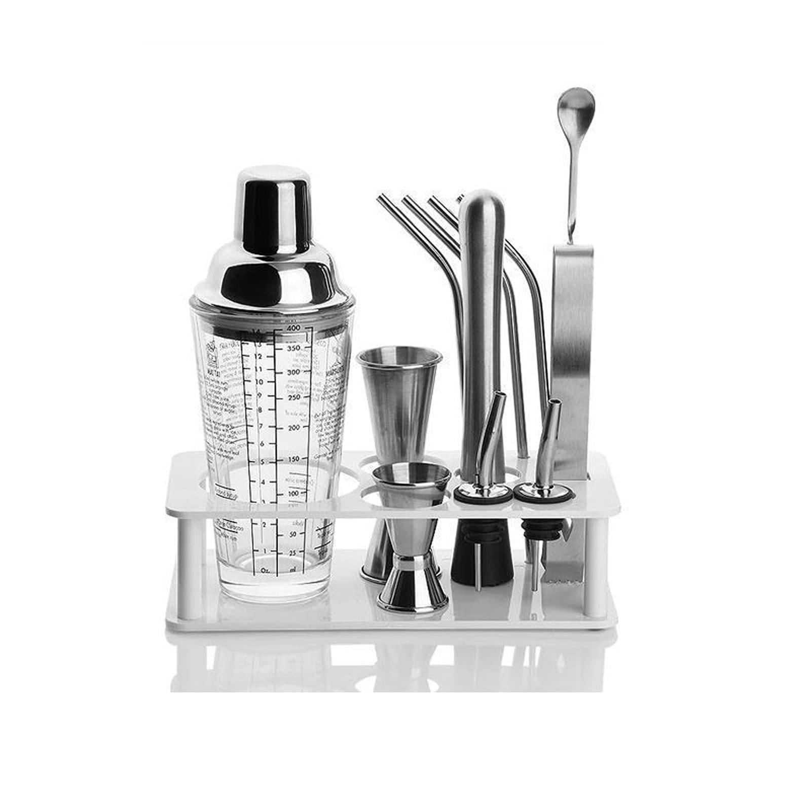 Premium Cocktail Shaker Set - 18/8 Stainless Steel Boston Shaker with Espresso Black Bamboo Stand, Mixing Glass & 4 Bar Tools - Professional Bartender Kit for Home Bars, Cocktail Parties & Mixology Enthusiasts