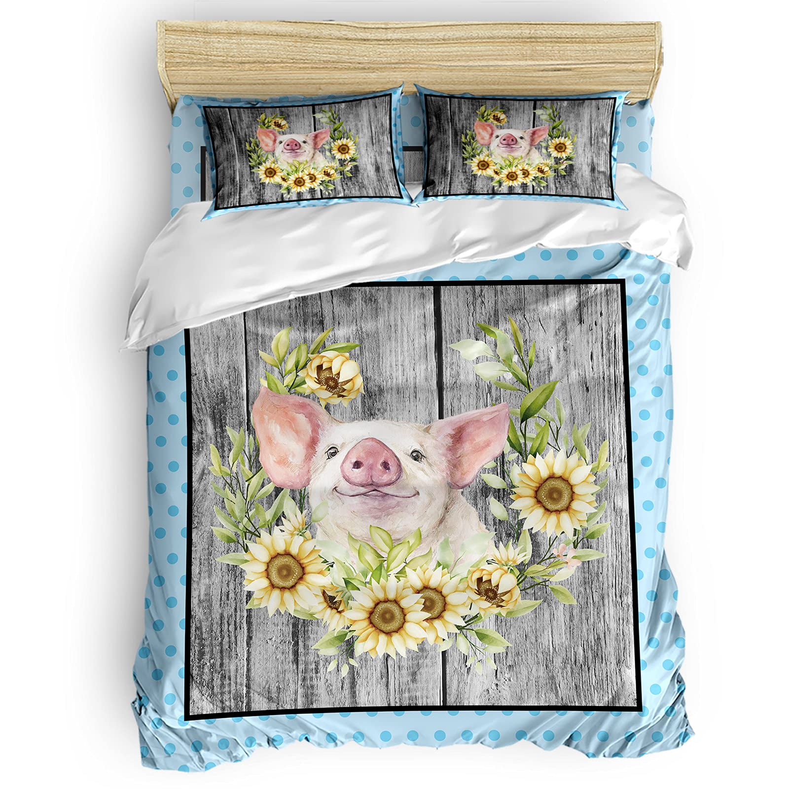 Farmhouse Sunflower Queen Comforter Set - 4 Piece Duvet Cover with Pillow Shams - Lightweight Microfiber Soft Bedding for Adults & Teens - Rustic Polka Dot Wood Board Design - Perfect for Farmhouse, Cottage & Boho Bedroom Decor
