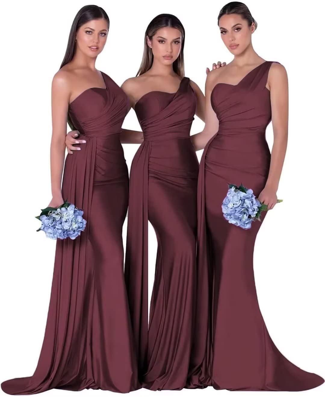 Elegant One Shoulder Mermaid Bridesmaid Dress - Long Satin Prom Gown for Women, Wedding Guest Dress with Train in Wine Red - Perfect for Formal Events, Evening Parties & Special Occasions