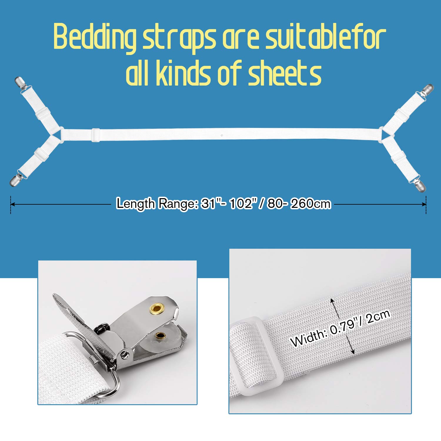 WADEO 2 Pack Adjustable Cross Bed Straps with Side Pull, Mattress Clips & Fasteners - Universal Fit for All Square Mattresses (White) - Perfect for Bedding Security & Mattress Stabilization