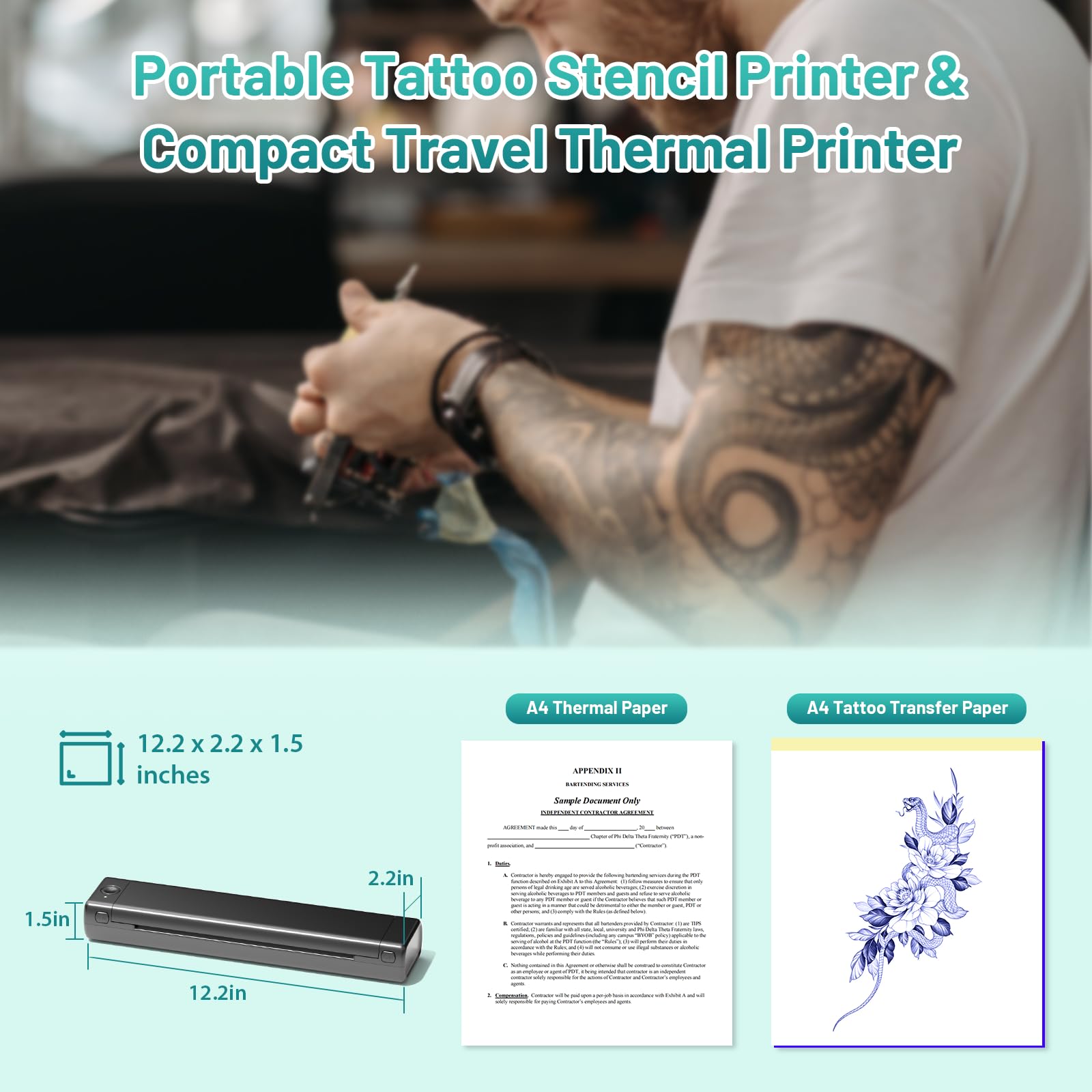 Professional M08F Wireless Tattoo Stencil Printer Kit - Bluetooth Thermal Printer for Tattoo Artists, Compatible with Smartphones & PC, Includes 10 Sheets A4 Transfer Paper - Perfect for Tattoo Studios, Home Practice & Professional Tattoo Design