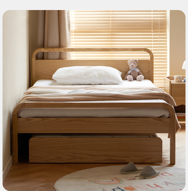 Solid Oak Wood Single Platform Bed with Wheels - No Headboard, Modern Minimalist Bed Frame for Small Spaces, Dorm Rooms & Guest Bedrooms