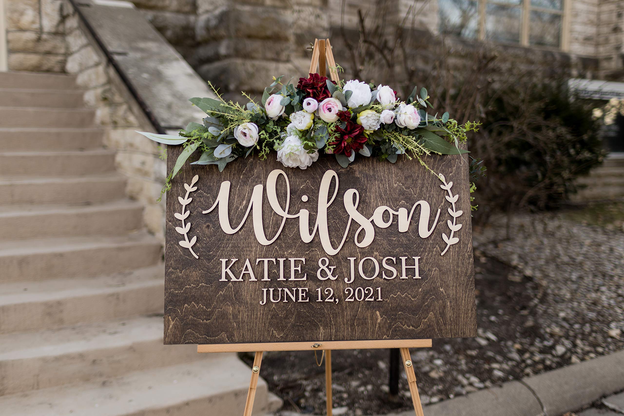 Personalized Wooden Wedding Welcome Sign - Custom 3D Laser Engraved with Names & Dates - Elegant Laurel Design for Autumn Weddings - Perfect for Ceremony Decor & Reception Entrance Signage