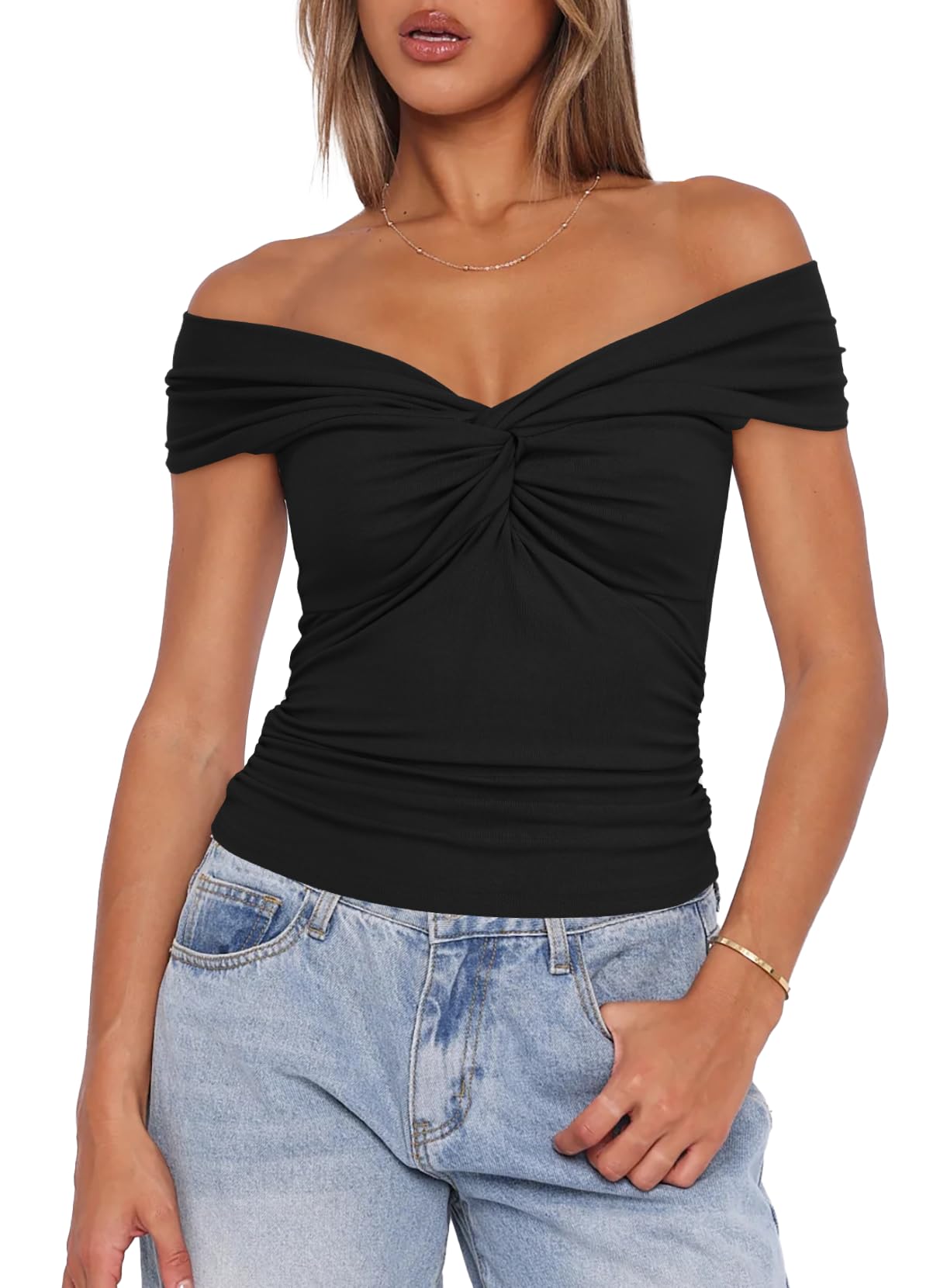 Darong Women's Summer Off Shoulder Twist Knot Tank Top - Y2K Slim Fitted Cap Sleeve Shirt for Beach, Party & Casual Outfits