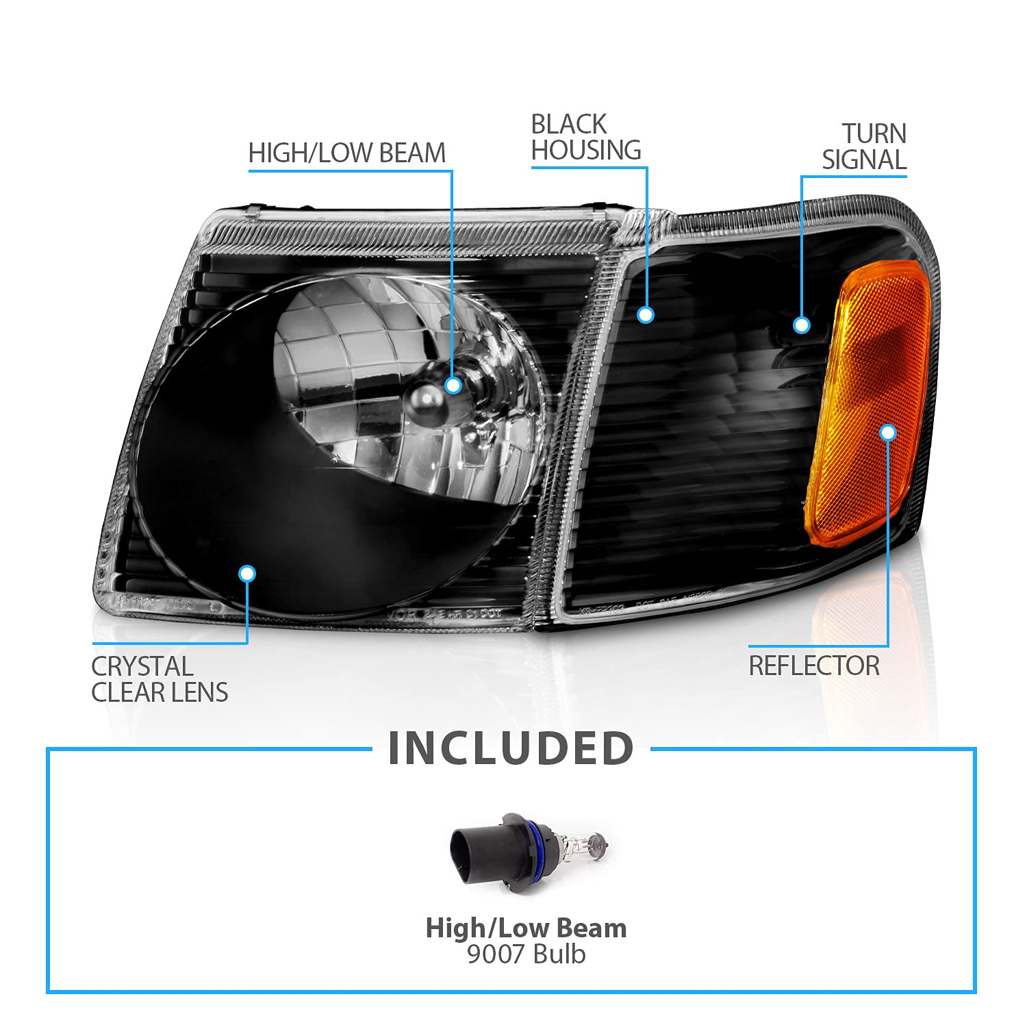 2001-2005 Ford Explorer Sport Trac Replacement Headlights - Crystal Black LED Headlight Assembly with Corner Lamps (Driver & Passenger Side) - Perfect for Night Driving & Off-Road Adventures