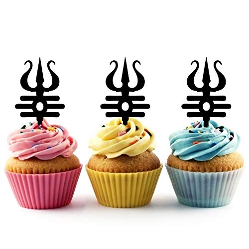 TA1083 Trishula Shiva Trident Silhouette Acrylic Cupcake Toppers - 10pcs for Wedding, Birthday Party Decorations - Perfect for Hindu Festivals, Indian Themed Events & Cake Decorating