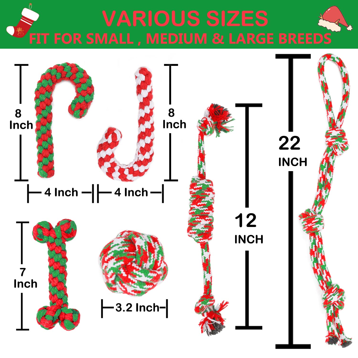Christmas Dog Rope Toys 6 Pack - Durable Chew Toys for Aggressive Chewers, Small Medium Large Breed Dogs, Puppy Training, Interactive Ball Toys for Teeth Cleaning, Indoor Outdoor Play, Perfect for Xmas Party and Daily Use