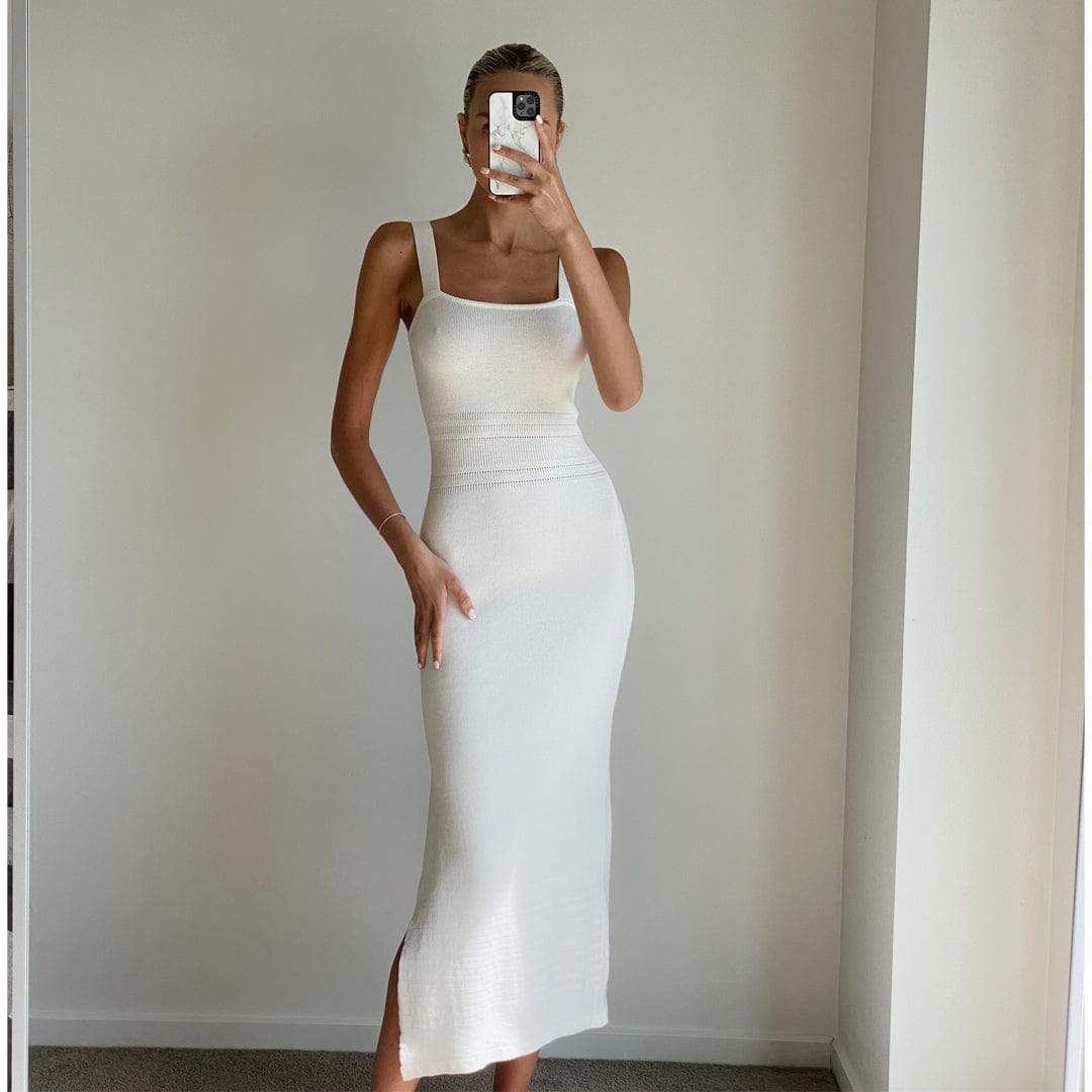 FREJA Ivory Wide Strap Bodycon Knit Midi Dress for Women | Slim Fit Stretchy Party Cocktail Dress | Perfect for Date Night, Club Outfits & Special Occasions