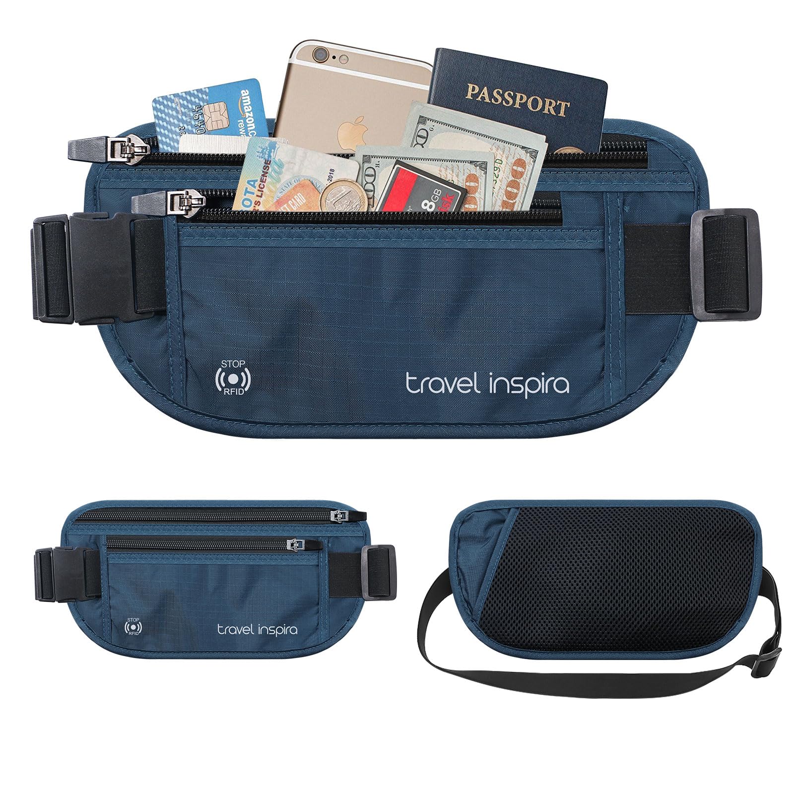 Slim Anti-Theft RFID Blocking Travel Money Belt - Hidden Passport Holder for Credit Cards, Cash & Documents - Navy Blue - Perfect for Airports, Sightseeing & International Travel Security