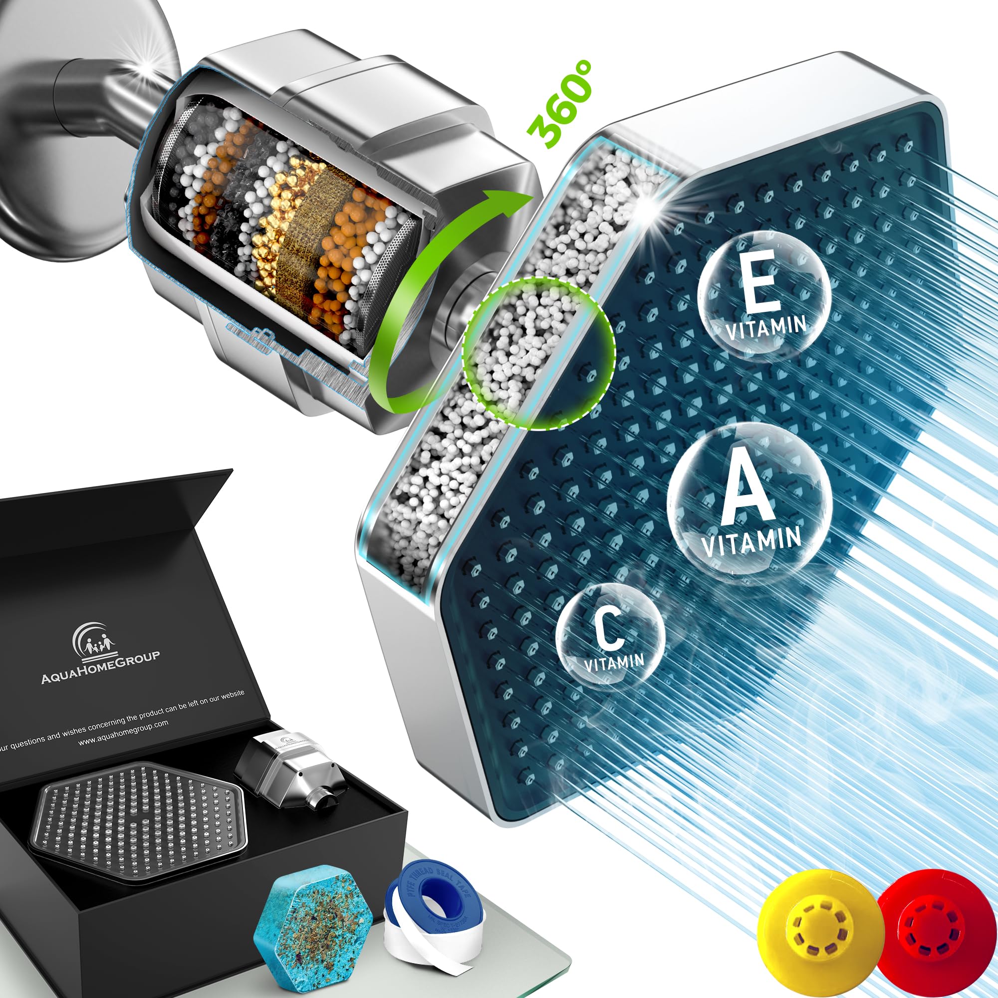 AquaHomeGroup Luxury 20-Stage Filtered Shower Head Set - Removes Hard Water, Chlorine, Fluoride & Heavy Metals - Vitamin C E A Enriched Shower Filter with Patented Technology (Chrome) - Perfect for Dry Skin, Hair Care & Sensitive Skin Relief